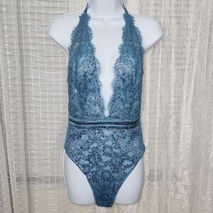 NWOT Victoria's Secret Dusty Blue Lace Thong Backless Deep V Halter Bodysuit SzM